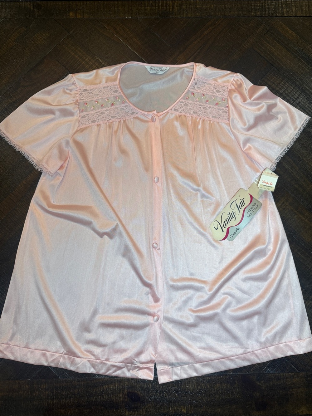 Vintage 90s Vanity Fair Pink Satin Nylon Pajama Set NWT Lace M - Picture 7 of 9